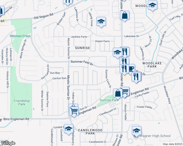 map of restaurants, bars, coffee shops, grocery stores, and more near 4183 Sunrise Creek Drive in San Antonio