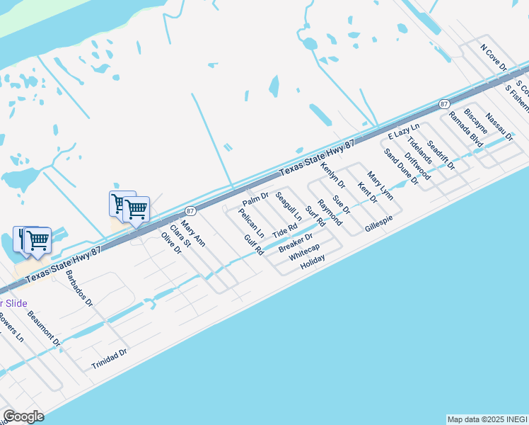 map of restaurants, bars, coffee shops, grocery stores, and more near 989 Albatros in Bolivar Peninsula