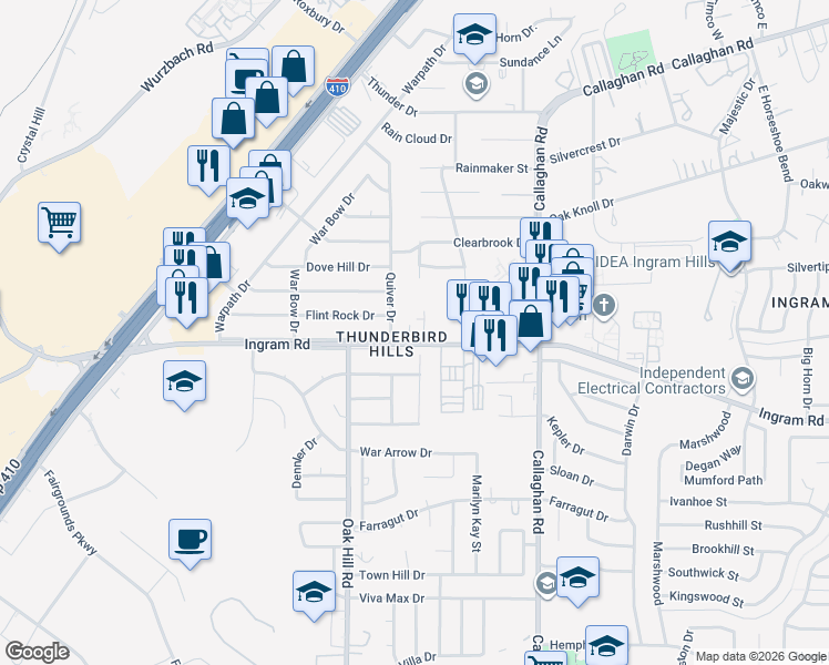 map of restaurants, bars, coffee shops, grocery stores, and more near 6139 Ingram Road in San Antonio