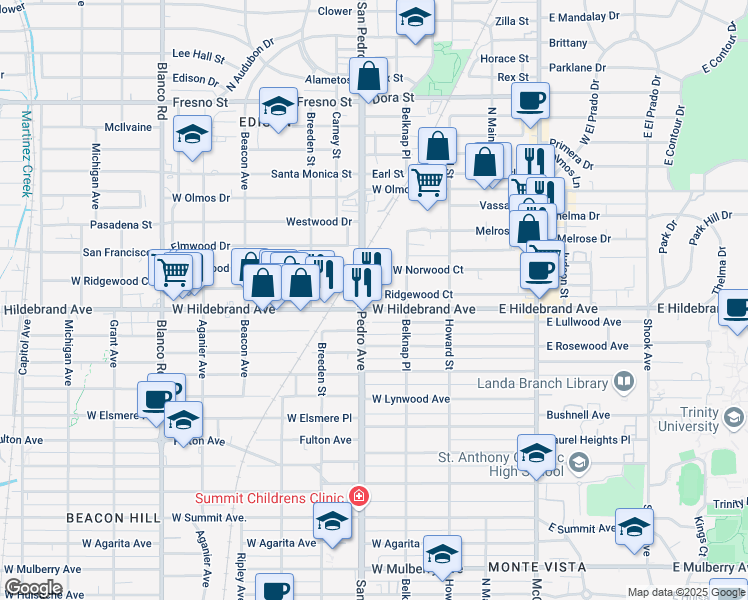 map of restaurants, bars, coffee shops, grocery stores, and more near 342 West Norwood Court in San Antonio