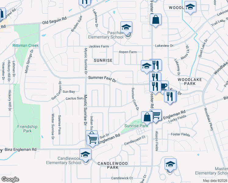 map of restaurants, bars, coffee shops, grocery stores, and more near 4183 Sunrise Creek Drive in San Antonio
