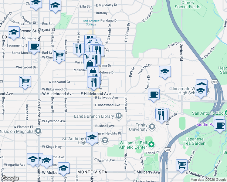 map of restaurants, bars, coffee shops, grocery stores, and more near 401 Holland Avenue in San Antonio