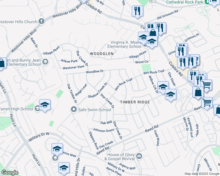 map of restaurants, bars, coffee shops, grocery stores, and more near 8402 Shallow Creek Drive in San Antonio