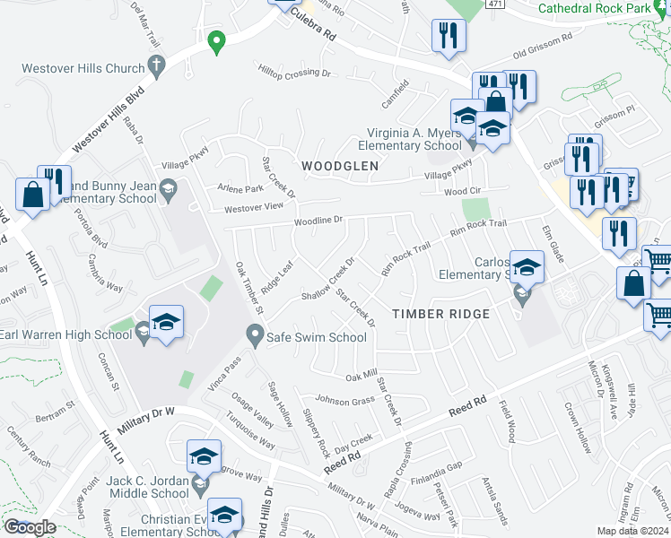 map of restaurants, bars, coffee shops, grocery stores, and more near 8318 Ridge Terrace in San Antonio