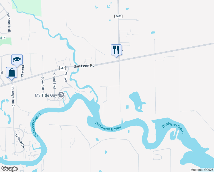 map of restaurants, bars, coffee shops, grocery stores, and more near 11601 Wincrest Road in Dickinson