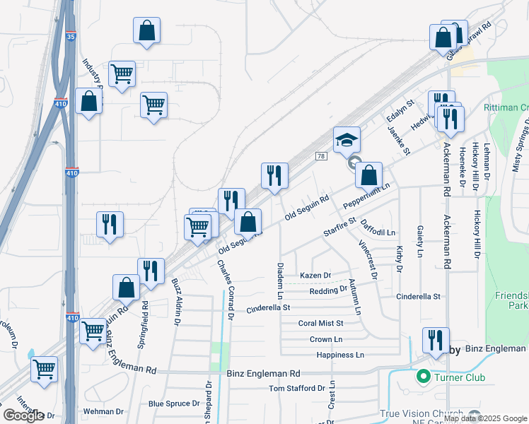 map of restaurants, bars, coffee shops, grocery stores, and more near 107 Macrae Lane in Kirby
