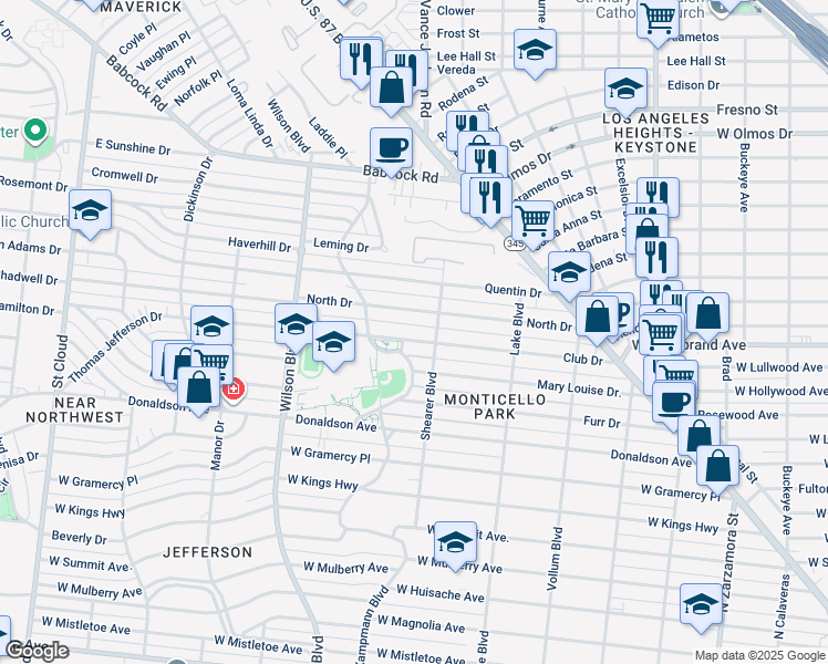 map of restaurants, bars, coffee shops, grocery stores, and more near 310 North Drive in San Antonio