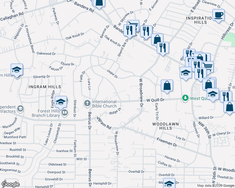 map of restaurants, bars, coffee shops, grocery stores, and more near 162 Ridge Drive in San Antonio