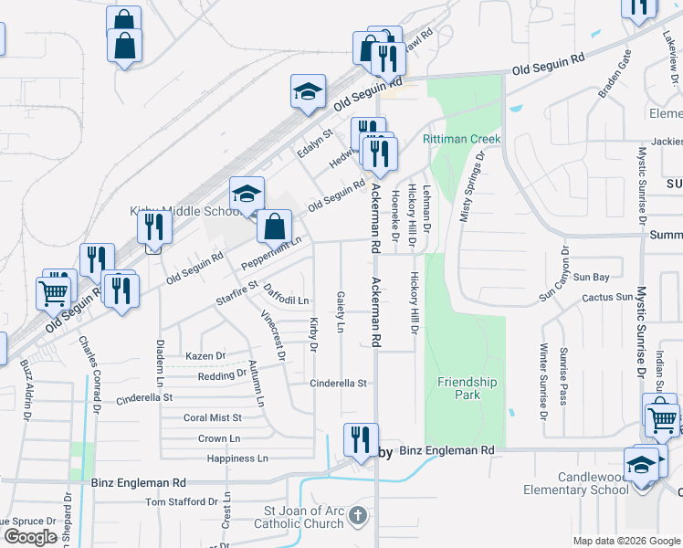map of restaurants, bars, coffee shops, grocery stores, and more near 111 Gaiety Lane in San Antonio