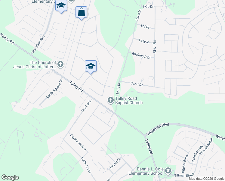 map of restaurants, bars, coffee shops, grocery stores, and more near 3345 Bar J Drive in San Antonio