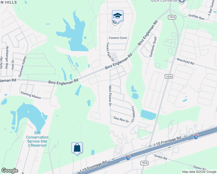 map of restaurants, bars, coffee shops, grocery stores, and more near 4115 Mist Flower Drive in Converse