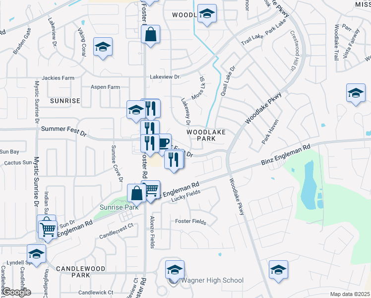map of restaurants, bars, coffee shops, grocery stores, and more near 6633 Richland Place in San Antonio