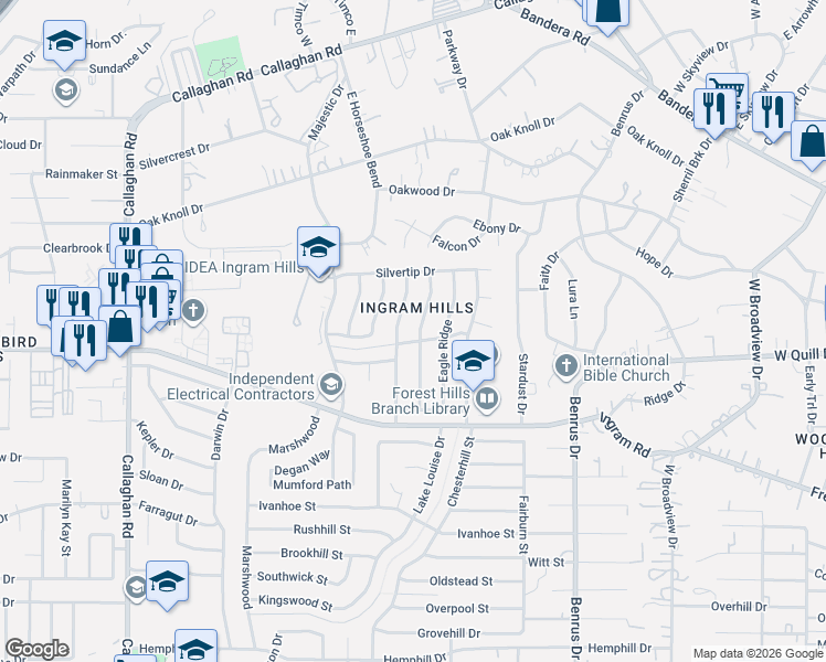 map of restaurants, bars, coffee shops, grocery stores, and more near 3023 Big Horn Drive in San Antonio