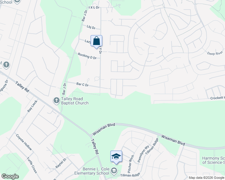 map of restaurants, bars, coffee shops, grocery stores, and more near 3405 Red Falls Road in San Antonio