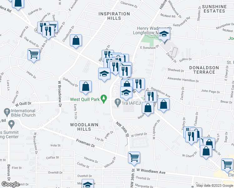 map of restaurants, bars, coffee shops, grocery stores, and more near 1474 Hillcrest Drive in San Antonio