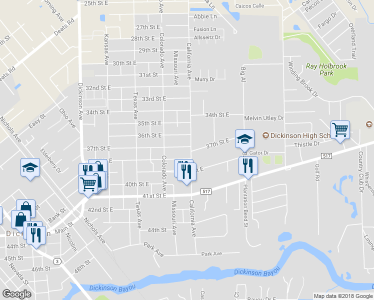 map of restaurants, bars, coffee shops, grocery stores, and more near 4918 37th Street East in Dickinson