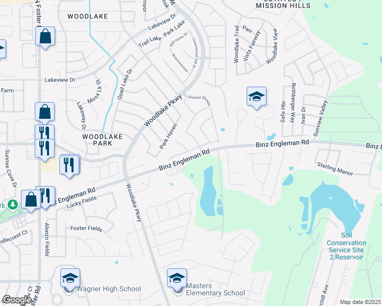 map of restaurants, bars, coffee shops, grocery stores, and more near 7206 Great Lakes Drive in San Antonio