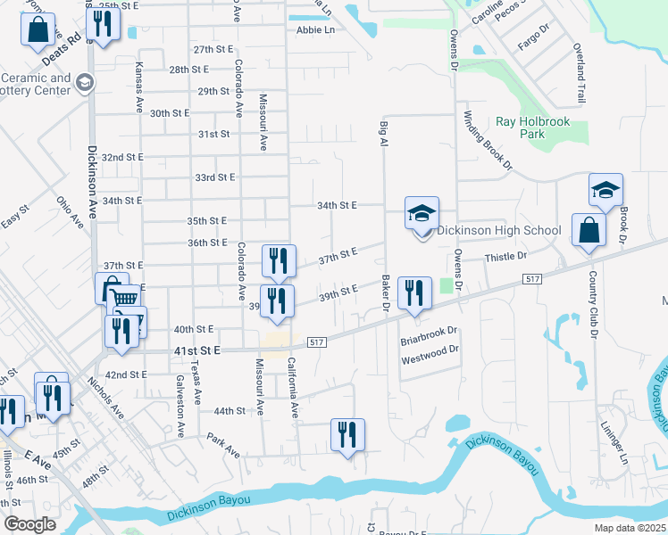 map of restaurants, bars, coffee shops, grocery stores, and more near 3620 Utah Avenue in Dickinson