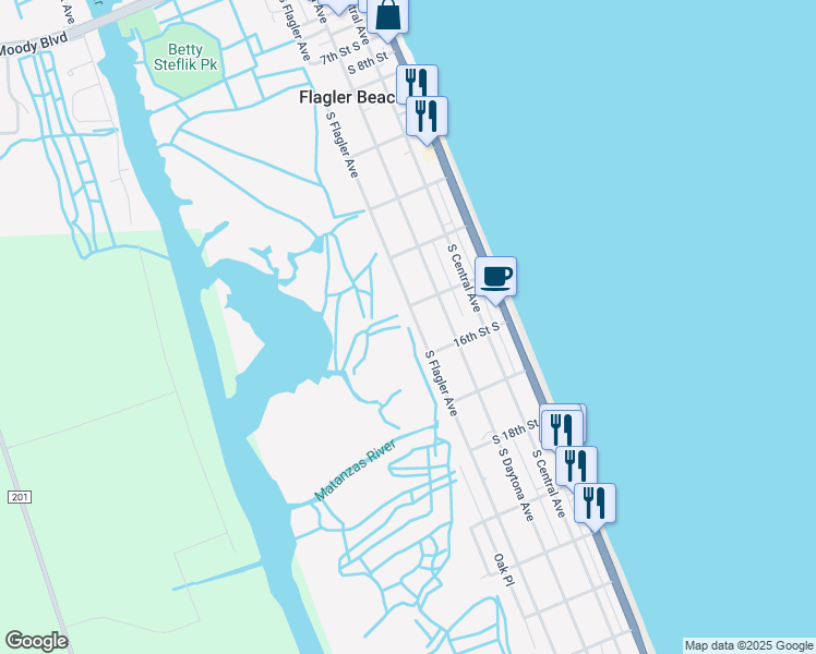 map of restaurants, bars, coffee shops, grocery stores, and more near 1508 South Flagler Avenue in Flagler Beach