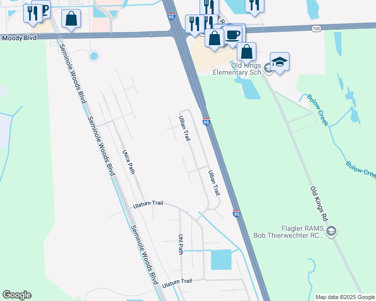 map of restaurants, bars, coffee shops, grocery stores, and more near 89 Ullian Trail in Palm Coast
