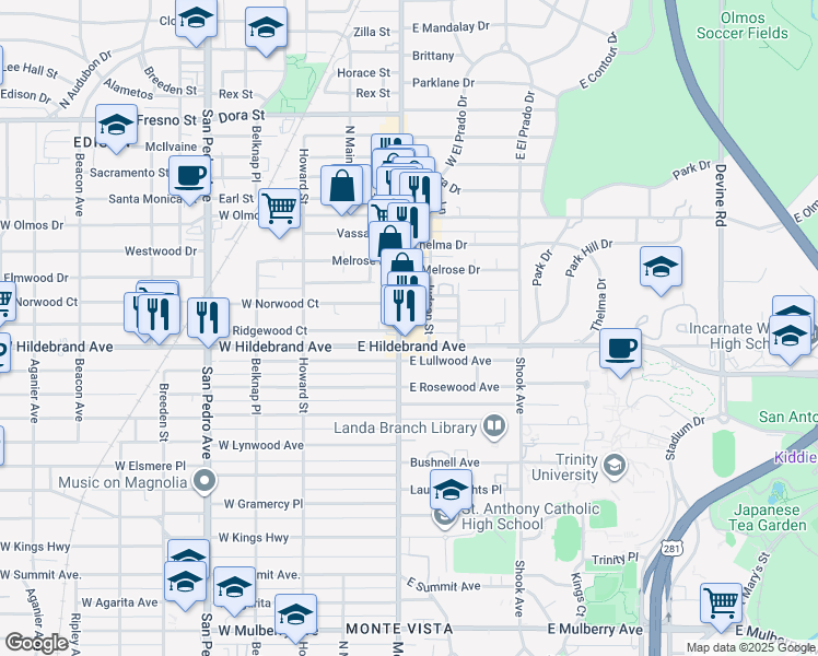 map of restaurants, bars, coffee shops, grocery stores, and more near 4014 McCullough Avenue in San Antonio