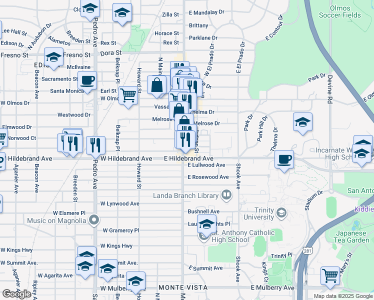 map of restaurants, bars, coffee shops, grocery stores, and more near 4014 McCullough Avenue in San Antonio