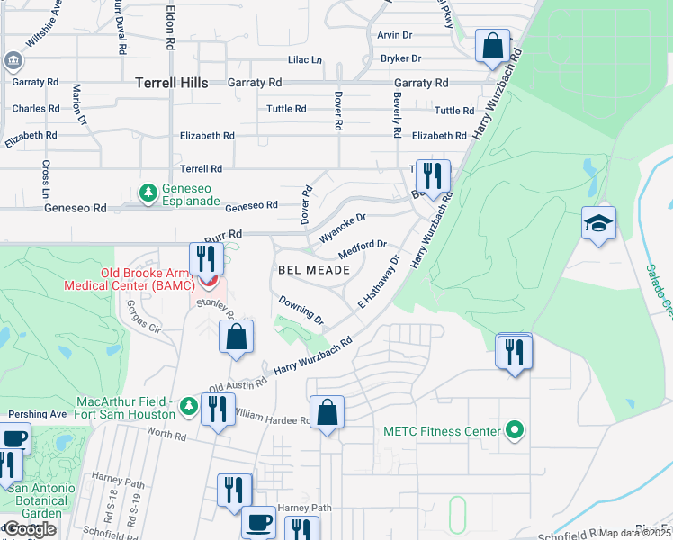map of restaurants, bars, coffee shops, grocery stores, and more near 122 Medford Drive in San Antonio