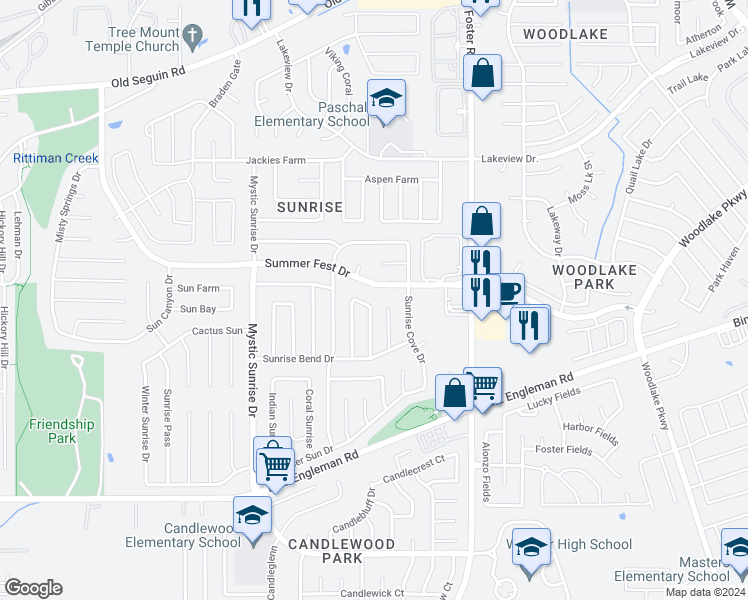map of restaurants, bars, coffee shops, grocery stores, and more near 6031 Sunrise View Drive in San Antonio