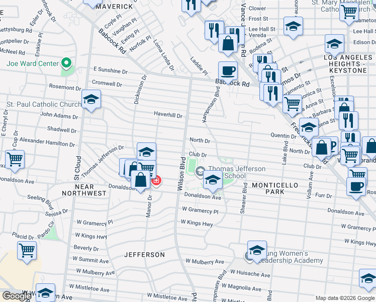map of restaurants, bars, coffee shops, grocery stores, and more near 553 Club Drive in San Antonio