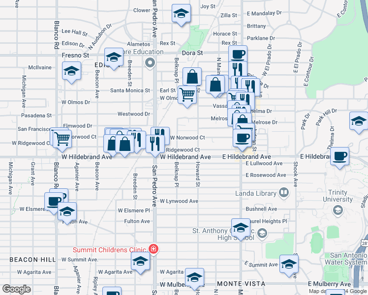 map of restaurants, bars, coffee shops, grocery stores, and more near 229 West Ridgewood Court in San Antonio