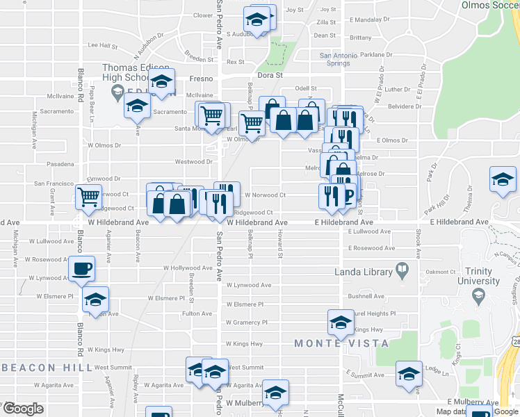 map of restaurants, bars, coffee shops, grocery stores, and more near 2121 Belknap Place in San Antonio