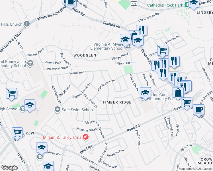 map of restaurants, bars, coffee shops, grocery stores, and more near 8402 Rimline Drive in San Antonio