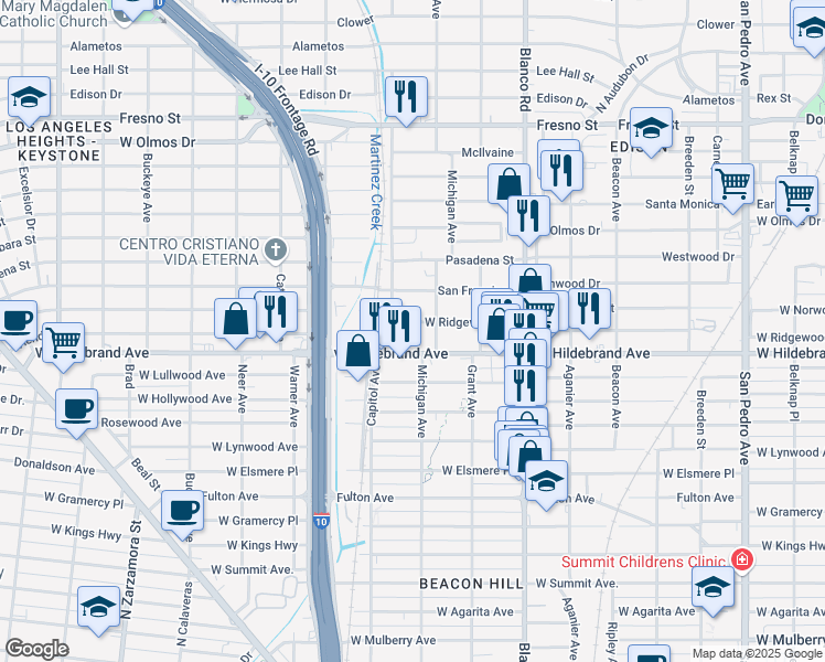 map of restaurants, bars, coffee shops, grocery stores, and more near 1122 West Ridgewood Court in San Antonio