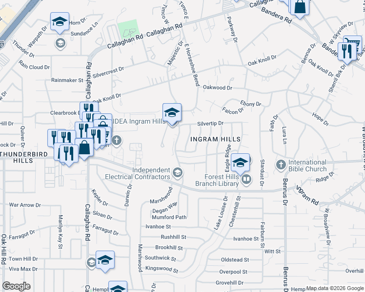 map of restaurants, bars, coffee shops, grocery stores, and more near 3114 Maribelle in San Antonio