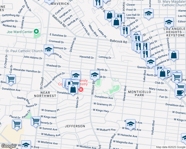 map of restaurants, bars, coffee shops, grocery stores, and more near 103 Thomas Jefferson Drive in San Antonio