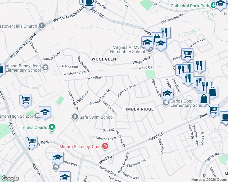 map of restaurants, bars, coffee shops, grocery stores, and more near 8402 Shallow Creek Drive in San Antonio