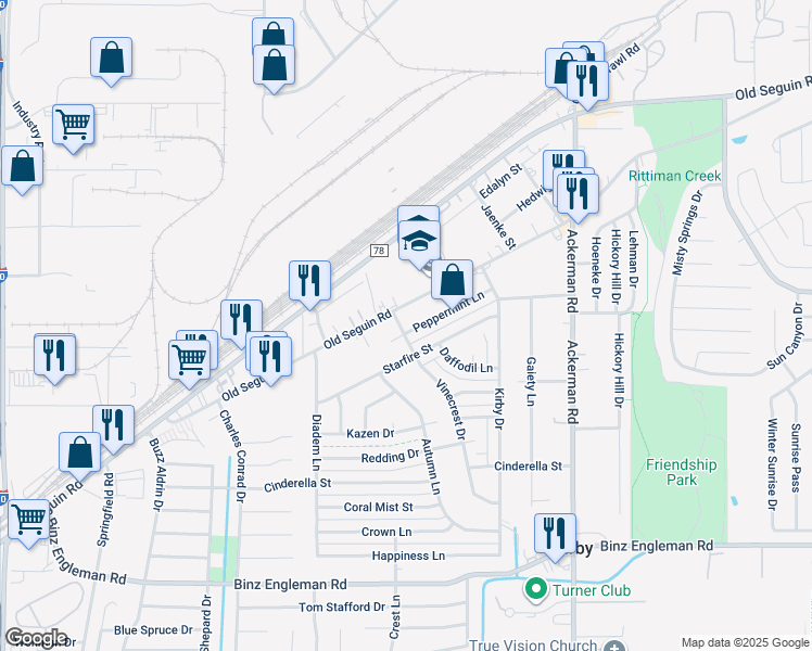 map of restaurants, bars, coffee shops, grocery stores, and more near 5303 Peppermint Lane in Kirby