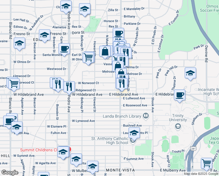map of restaurants, bars, coffee shops, grocery stores, and more near 119 East Ridgewood Court in San Antonio