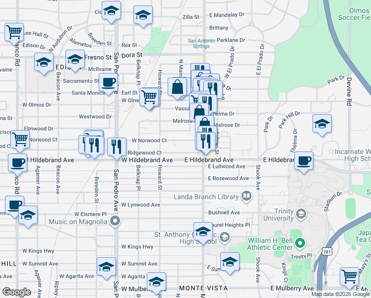 map of restaurants, bars, coffee shops, grocery stores, and more near 119 East Ridgewood Court in San Antonio