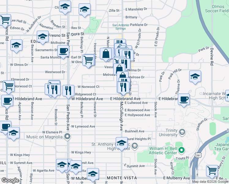 map of restaurants, bars, coffee shops, grocery stores, and more near 126 East Norwood Court in San Antonio