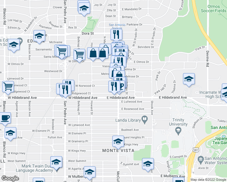 map of restaurants, bars, coffee shops, grocery stores, and more near 139 E Ridgewood Ct in San Antonio