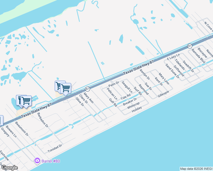 map of restaurants, bars, coffee shops, grocery stores, and more near 2588 State Highway 87 in Bolivar Peninsula