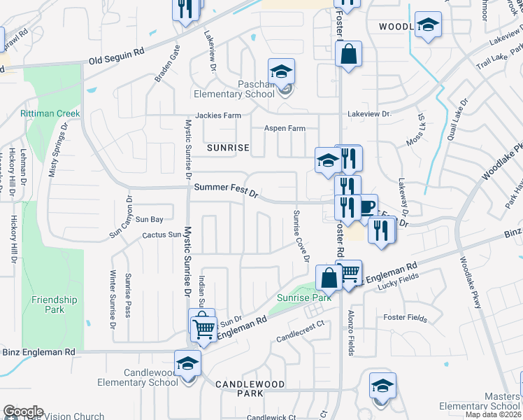 map of restaurants, bars, coffee shops, grocery stores, and more near 6034 Summer Fest Drive in San Antonio