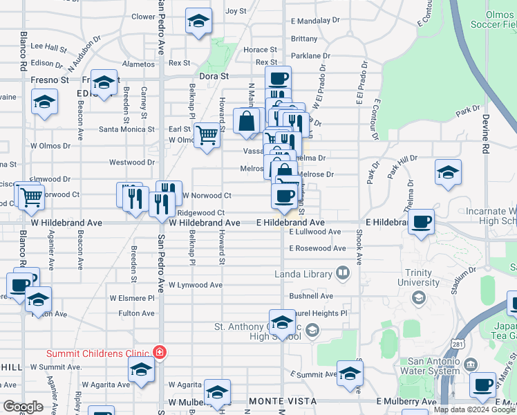 map of restaurants, bars, coffee shops, grocery stores, and more near 126 East Norwood Court in San Antonio