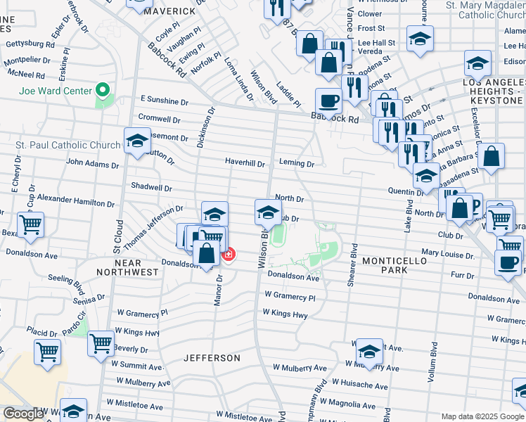 map of restaurants, bars, coffee shops, grocery stores, and more near 121 Thomas Jefferson Drive in San Antonio