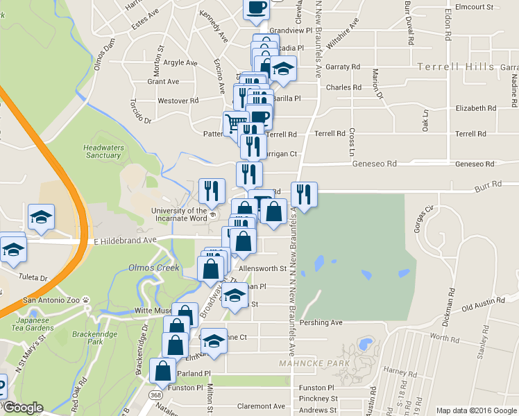 map of restaurants, bars, coffee shops, grocery stores, and more near 120 Perry Court in San Antonio