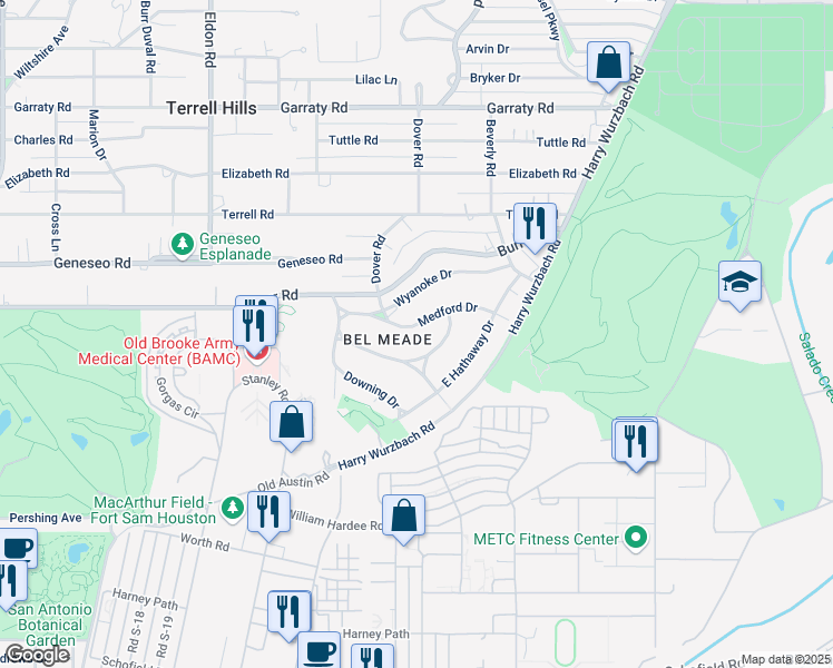 map of restaurants, bars, coffee shops, grocery stores, and more near 122 Medford Drive in San Antonio