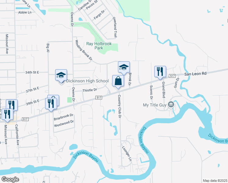 map of restaurants, bars, coffee shops, grocery stores, and more near 4025 Briar Hollow Drive in Dickinson