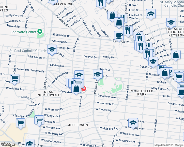 map of restaurants, bars, coffee shops, grocery stores, and more near 121 Thomas Jefferson Drive in San Antonio