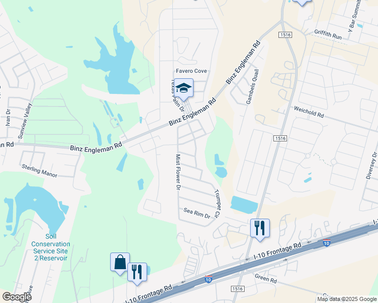 map of restaurants, bars, coffee shops, grocery stores, and more near 8423 Pigeonberry Drive in Converse